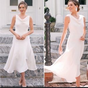 Gal Meets Glam Juliet Ruffled Hi-Low Ivory White Cowl Neck Sleeveless Midi dress